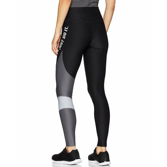 LARGE Womens Nike Power Team Victory Just Do It Black Gray Leggings - Picture 8 of 11